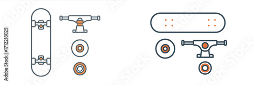 Skateboard components set with deck, trucks, and wheels for assembly, essential parts for skateboarding equipment