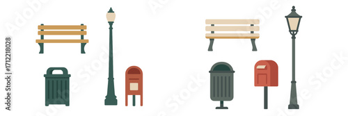 Collection of urban street furniture and public utility elements including park benches, classic street lamps, waste bins, and mailboxes