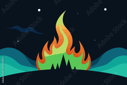 A vibrant, blazing bonfire casts warm, orange flames against the night sky, a symbol of heat and danger