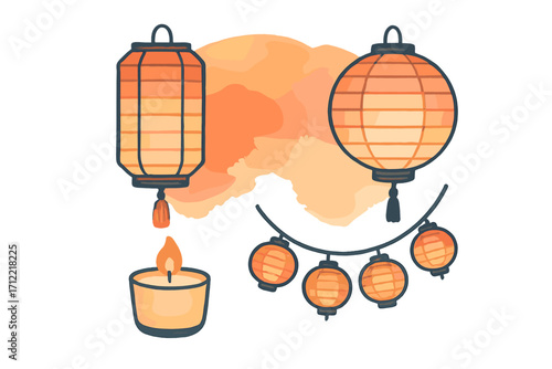 Assortment of decorative traditional Asian lanterns and a burning candle with a soft orange watercolor background element