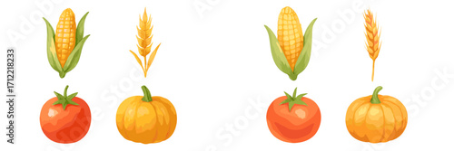 Vibrant autumn harvest collection featuring fresh corn, golden wheat, ripe red tomatoes, and orange pumpkins