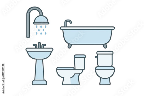 Comprehensive collection of essential bathroom plumbing fixtures including shower, bathtub, sink, and two different toilet designs