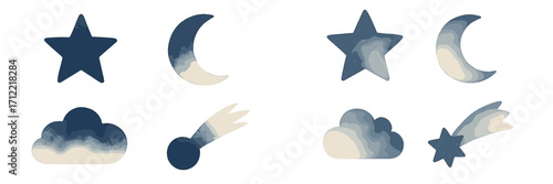Watercolor style celestial elements with stars, crescent moons, fluffy clouds, and shooting stars for night sky designs and dreamy themes