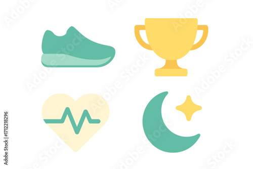 Minimalist set of health, fitness, success, and sleep icons including running shoe, trophy, heart rate, and crescent moon