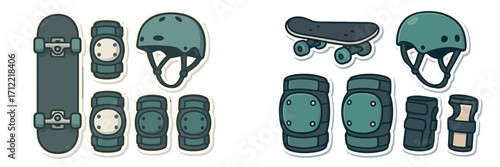 Skateboarding protective gear set with helmets, knee pads, elbow pads, wrist guards, and skateboards for safety