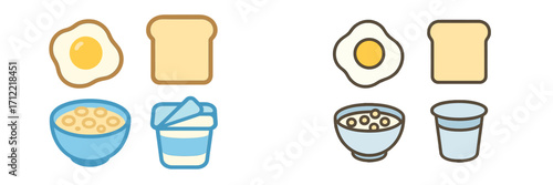 Simple breakfast meal components including sunny side up egg, white bread, oat cereal, and dairy cup