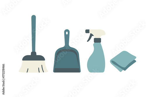 Essential household cleaning supplies including a broom, dustpan, spray bottle, and microfiber cloth for daily chores