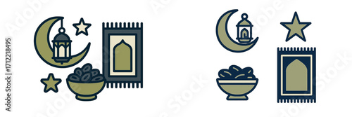 Islamic religious symbols and objects for Ramadan celebration with crescent moon lantern dates and prayer mat