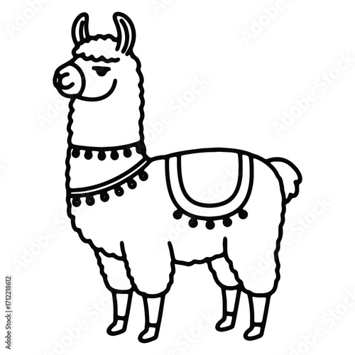 Cute llama outline drawing illustration isolated on a white background