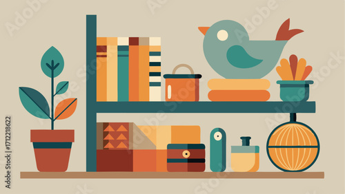 A bookshelf styled with a combination of modern and vintage knickknacks including a ceramic bird and woven baskets.