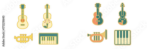 Vibrant collection of stylized musical instruments including guitars, violins, trumpets, and keyboards in a modern flat design aesthetic