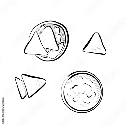 Line art illustration of Mexican food - nachos and sauce.