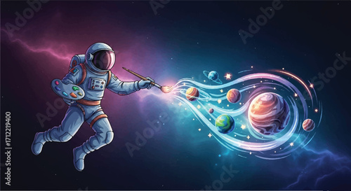 A digital vector illustration of an astronaut in dark space near the glowing Earth, bathed in the blue light of the sun