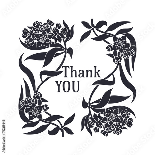 Hand drawn monochrome Art nouveau milkweed flowers and leaves frame with text thank you