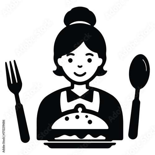 Illustration of a waitress serving food with a fork and spoon