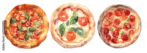 Vector illustration, set of Italian pizza, watercolor painting, banner
