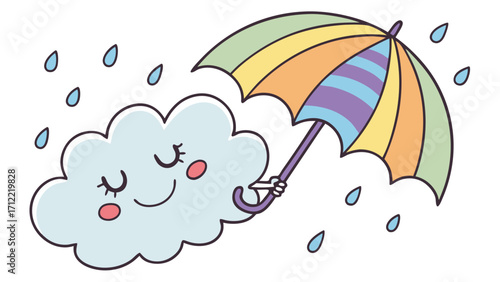 Cartoon Cloud with Rosy Cheeks Sheltering Under a Striped Pastel Umbrella