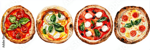 Vector illustration, set of Italian pizza, watercolor painting, banner