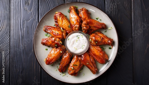 Wallpaper Mural delicious buffalo chicken wings on a plate with dipping sauce top view Torontodigital.ca