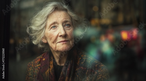 Thoughtful elderly woman gazing out of the window, reflecting in a natural setting