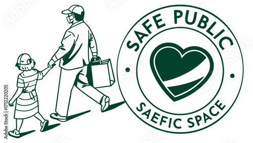 Line Art Depiction of Father and Child Walking with Safe Public Space Logo