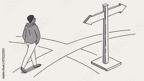 Man Contemplating Paths at a Crossroads with Directional Signpost