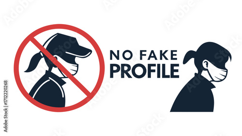 No Fake Profile Masked Figures in Red Circle and Ponytail Silhouette