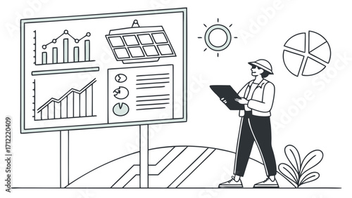 Solar Panel Analysis Engineer Reviewing Charts and Data on a Large Display