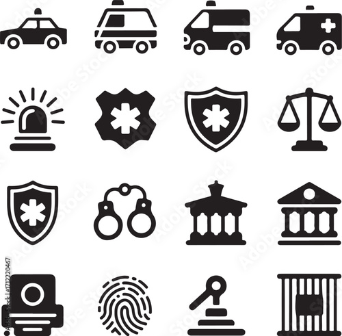 Law and order icons for justice and security services