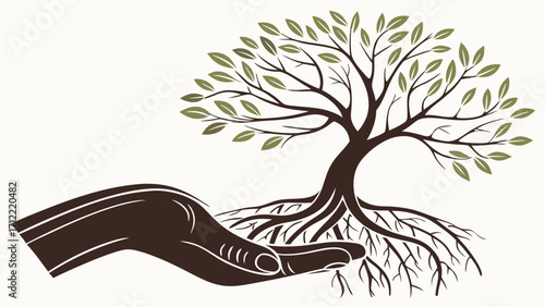 Stylized Tree with Roots Held in a Symbolic Hand Representing Growth and Nurturing