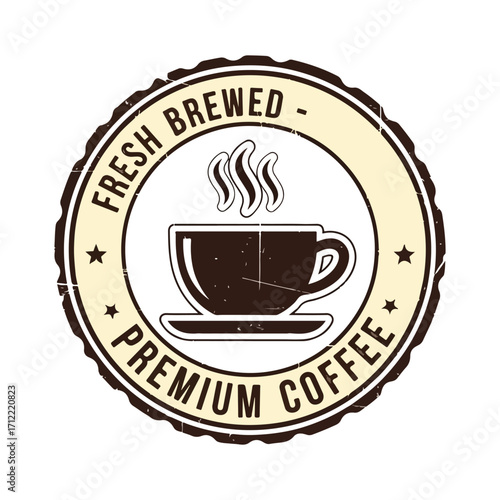 Vintage fresh brewed premium coffee emblem with steaming cup,A circular, vintage-style emblem featuring a steaming coffee cup, emphasizing fresh brewed premium quality.