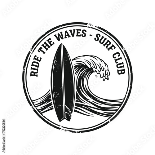 Surf club emblem with surfboard and crashing wave,A vintage-style circular emblem featuring a surfboard and a powerful ocean wave, with the text Ride The Waves Surf Club.