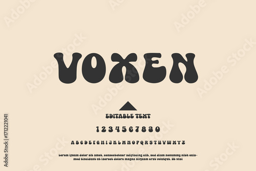 Retro groovy font with uppercase letters numbers and symbols on beige background