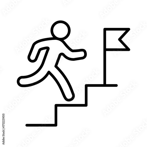Minimalist line art icon of a man figure running up a staircase towards a flag isolated on a white background. Vector illustration symbolizing achievement, career growth, success, leadership, etc.