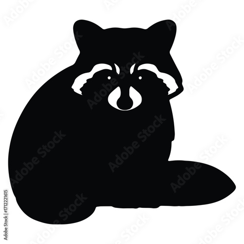 Silhouette of a raccoon sitting facing forward on white background