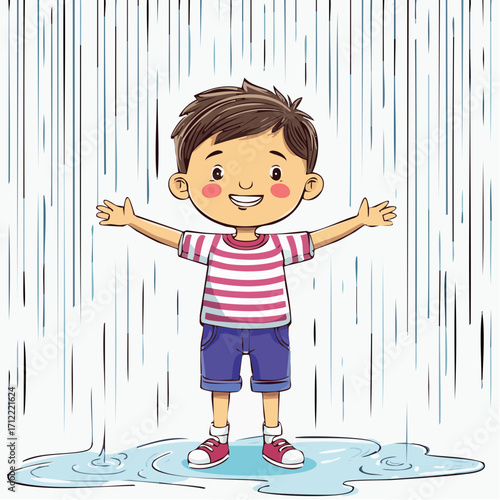Happy child enjoying the rain in pink shorts and a striped shirt with open arms, illustration