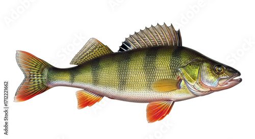 Valokuva Isolated Perch illustration, fresh water fish with vertical stripes and spiky do