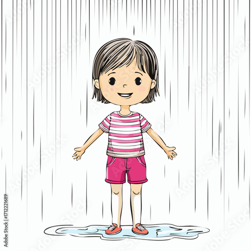 A happy little girl stands in a puddle, enjoying the rain with her arms outstretched