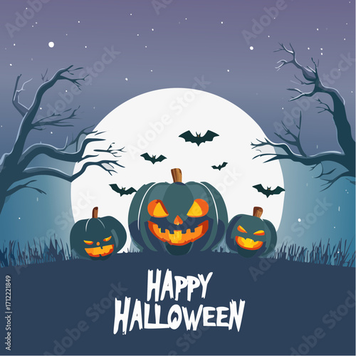 Spooky Halloween Night with Jack-o'-Lanterns Under a Full Moon, Bats Flying Around