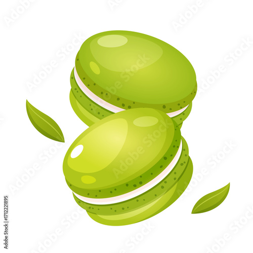 Green matcha macarons dessert isolated on white background. Traditional French dessert with Japanese matcha tea flavor. Elegant sweet pastry, gourmet confectionery, stylish dessert illustration