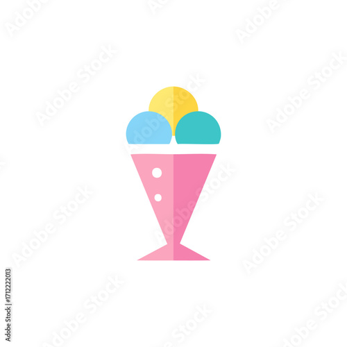 Colorful Illustration of an Ice Cream Sundae in a Pink Cup with Three Scoops, Vector Design