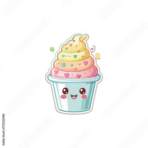 Sweet and cheerful kawaii dessert illustration of a smiling frozen yogurt cup. A cute food character concept with colorful swirls and festive decorations