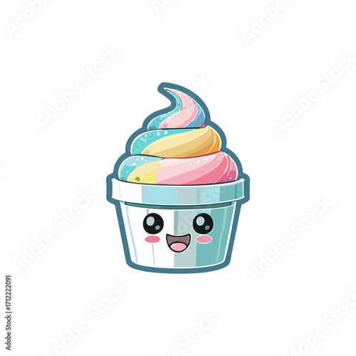 Whimsical and delightful, this vibrant rainbow swirl dessert in a charming, smiling cartoon cup captures the essence of sweet joy and playful indulgence, ideal for enchanting designs
