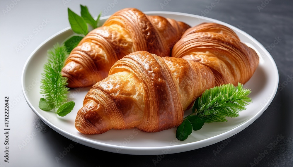Fototapeta premium freshly baked croissants on a white plate decorated with greenery for a delightful treat