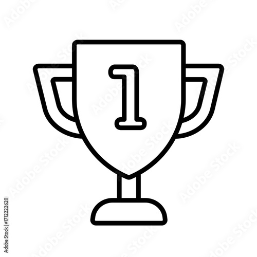 Vector line art illustration of a trophy with a number 1 in the center isolated on white background.