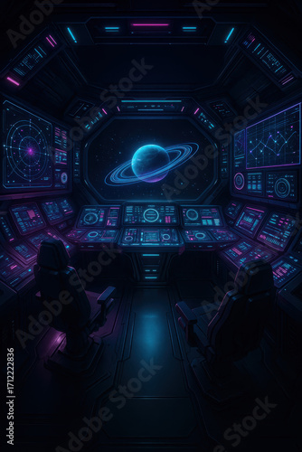Futuristic Spaceship Bridge: Two figures pilot a starship through the cosmos, with a holographic representation of a ringed planet dominating the central viewscreen.