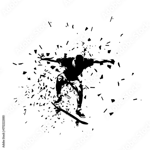 Skateboarding, skateboarder logo. Distorted skateboard trick isolated vector silhouette. Skate park