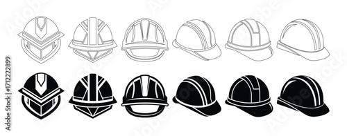 Professional Construction Safety Helmet Icon Set Vector Line Art and Silhouette Hard Hats for Industrial, Engineering, and Building Projects