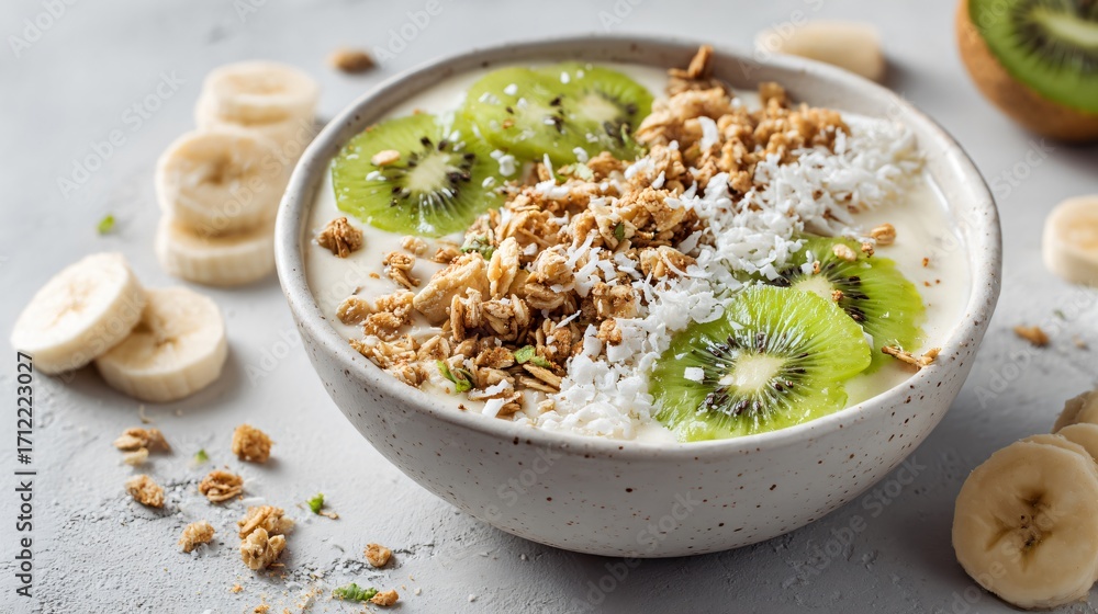 Banana smoothie bowl topped with granola, kiwi, and coconut, light grey table, scattered banana slices, airy high key light, negative space Banana smoothie bowl topped with granola, kiwi, and coconut, light grey table, scattered banana slices, airy high key light, negative space