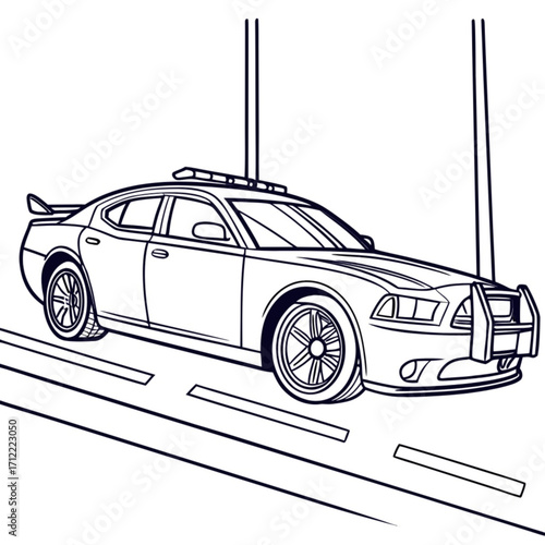 Minimalist outlined police car with light bar and push bumper on a road with lane markings under streetlights vector